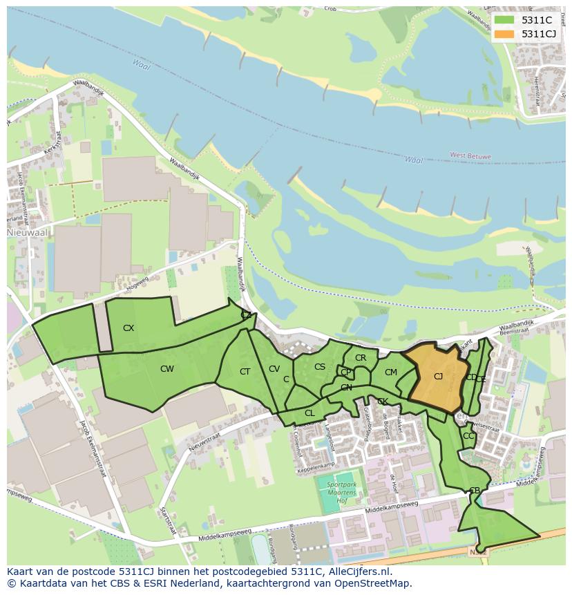 Afbeelding van het postcodegebied 5311 CJ op de kaart.