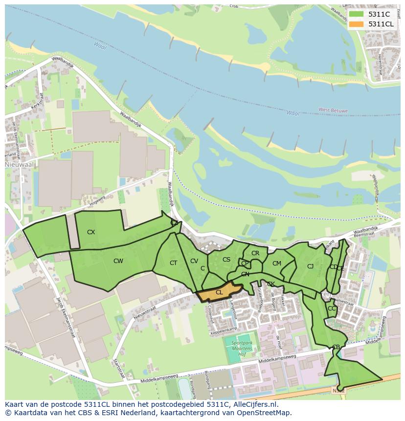 Afbeelding van het postcodegebied 5311 CL op de kaart.