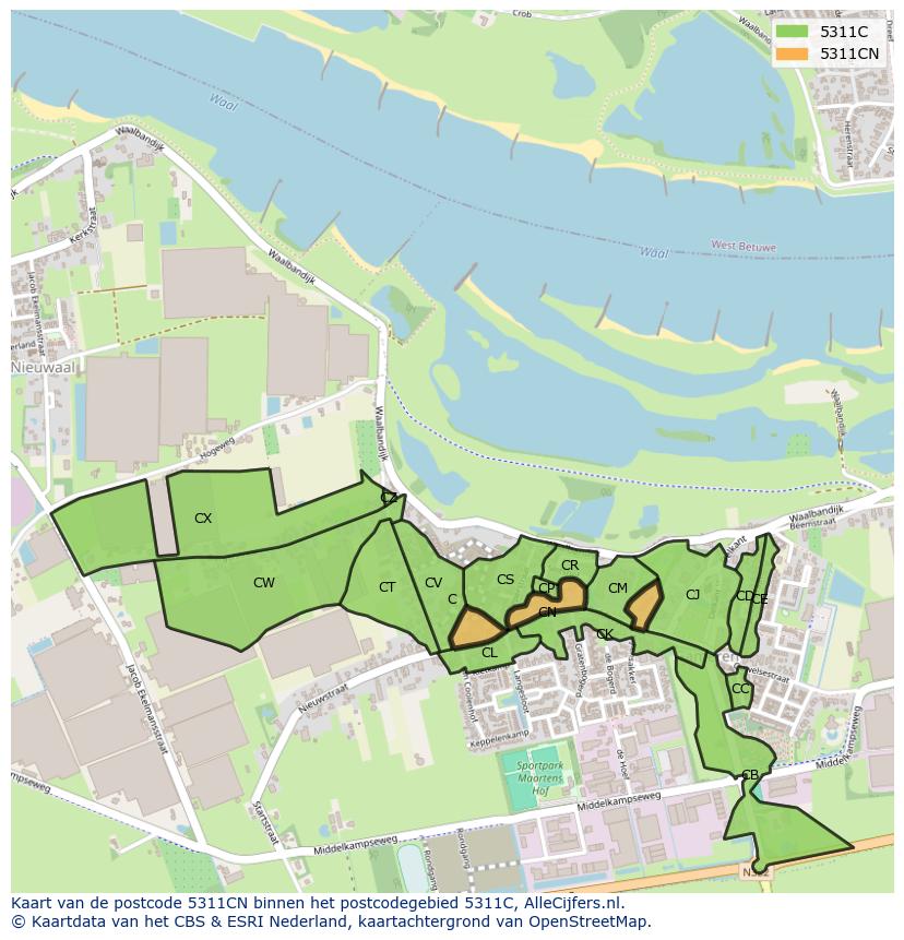 Afbeelding van het postcodegebied 5311 CN op de kaart.