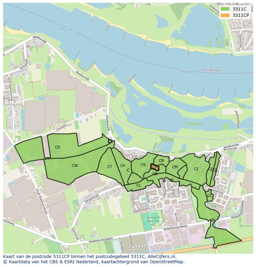 Afbeelding van het postcodegebied 5311 CP op de kaart.