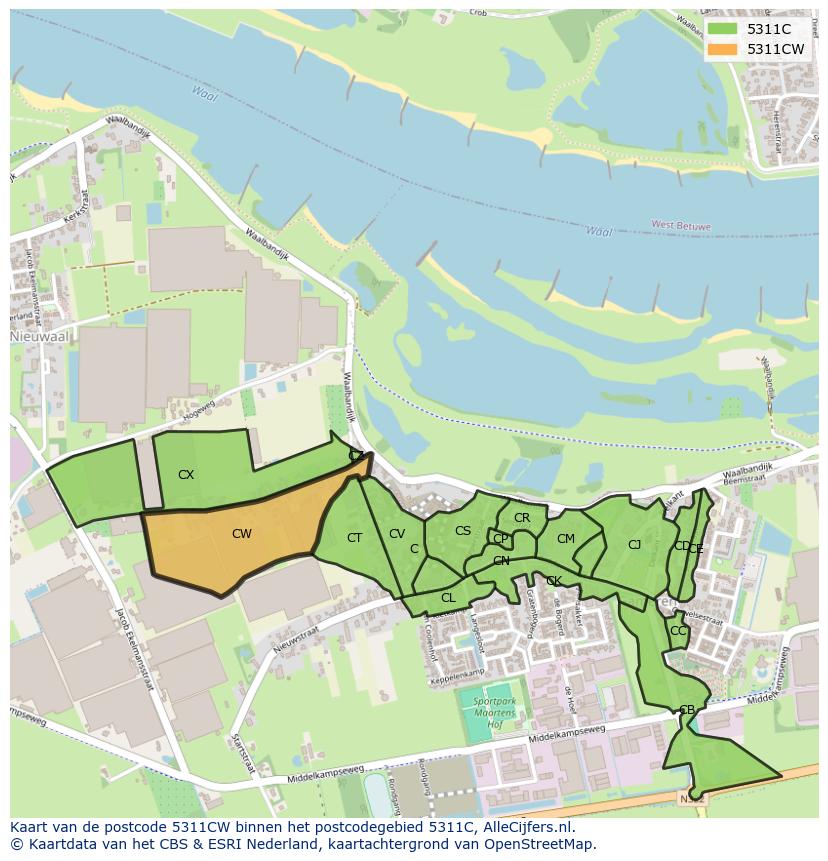 Afbeelding van het postcodegebied 5311 CW op de kaart.