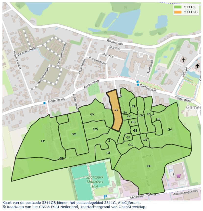 Afbeelding van het postcodegebied 5311 GB op de kaart.