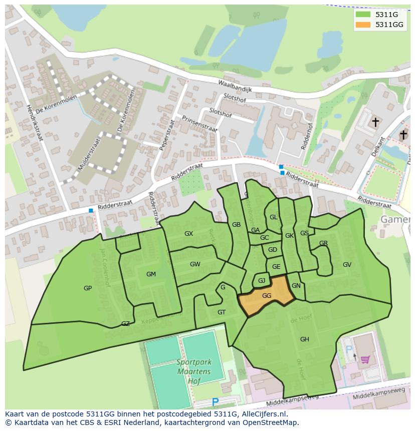Afbeelding van het postcodegebied 5311 GG op de kaart.