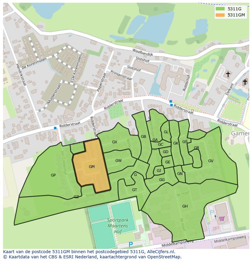 Afbeelding van het postcodegebied 5311 GM op de kaart.