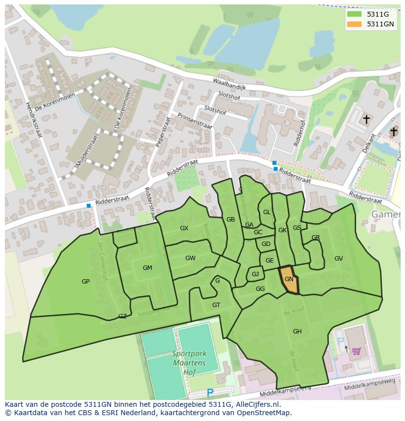 Afbeelding van het postcodegebied 5311 GN op de kaart.