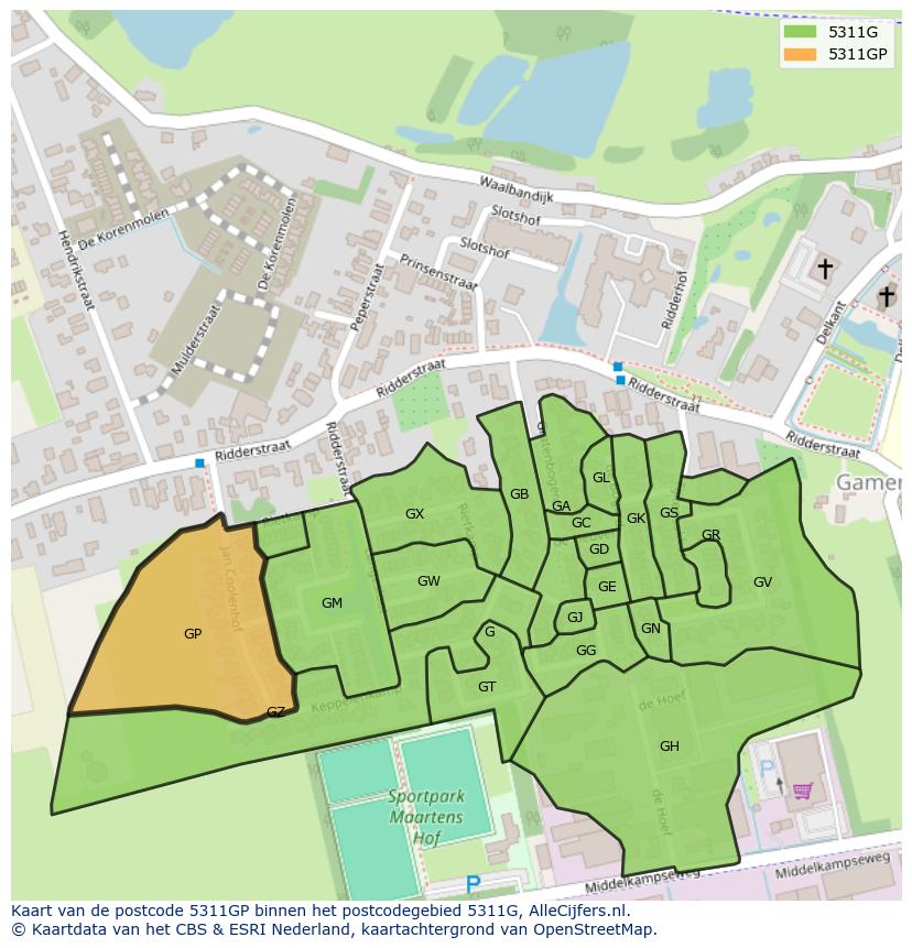 Afbeelding van het postcodegebied 5311 GP op de kaart.