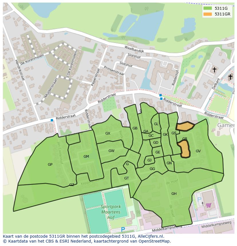 Afbeelding van het postcodegebied 5311 GR op de kaart.