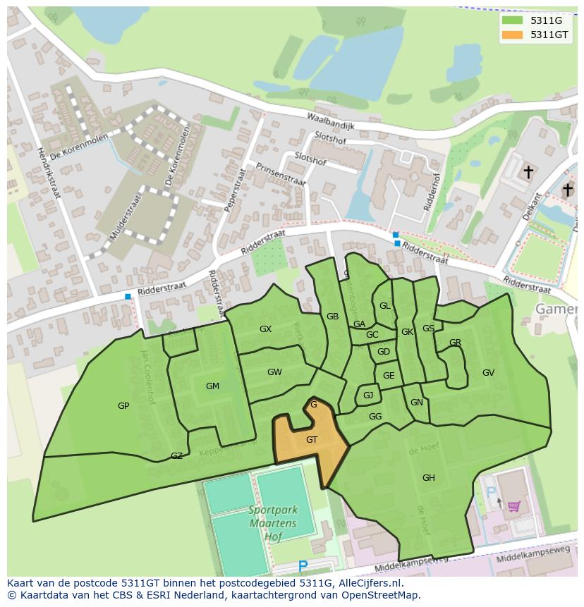 Afbeelding van het postcodegebied 5311 GT op de kaart.