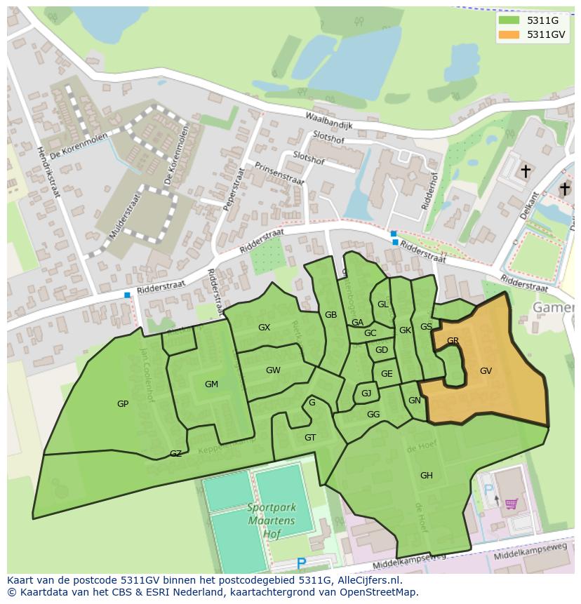Afbeelding van het postcodegebied 5311 GV op de kaart.