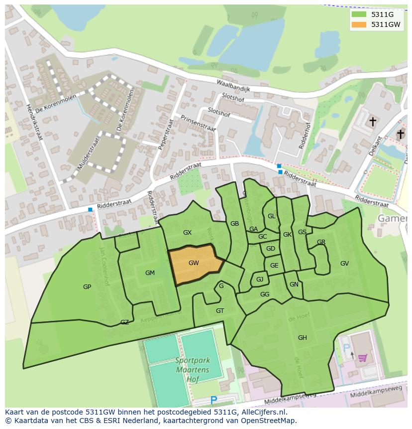 Afbeelding van het postcodegebied 5311 GW op de kaart.