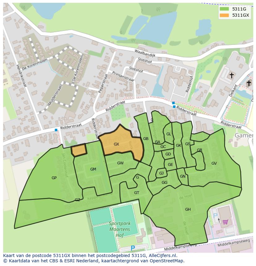 Afbeelding van het postcodegebied 5311 GX op de kaart.