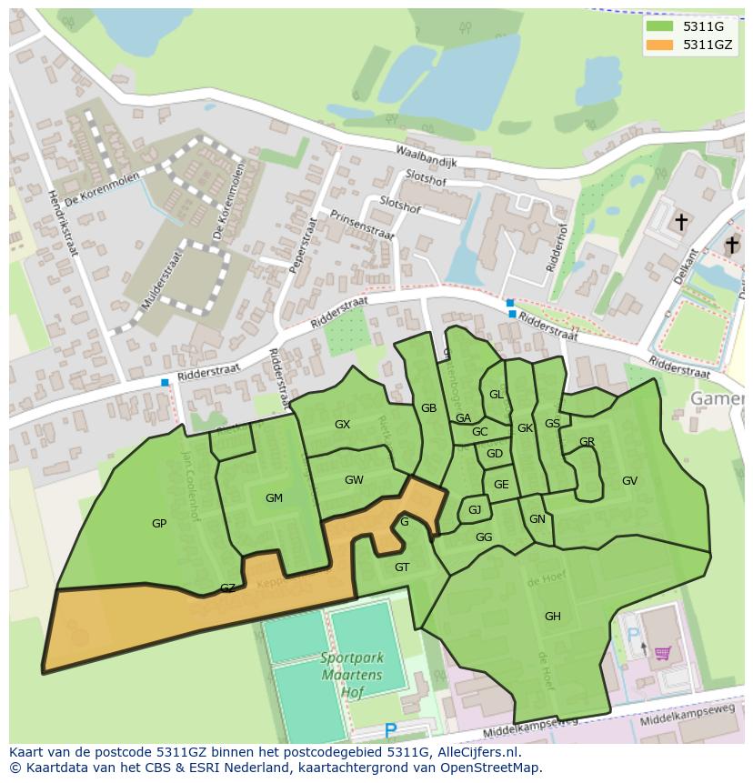 Afbeelding van het postcodegebied 5311 GZ op de kaart.