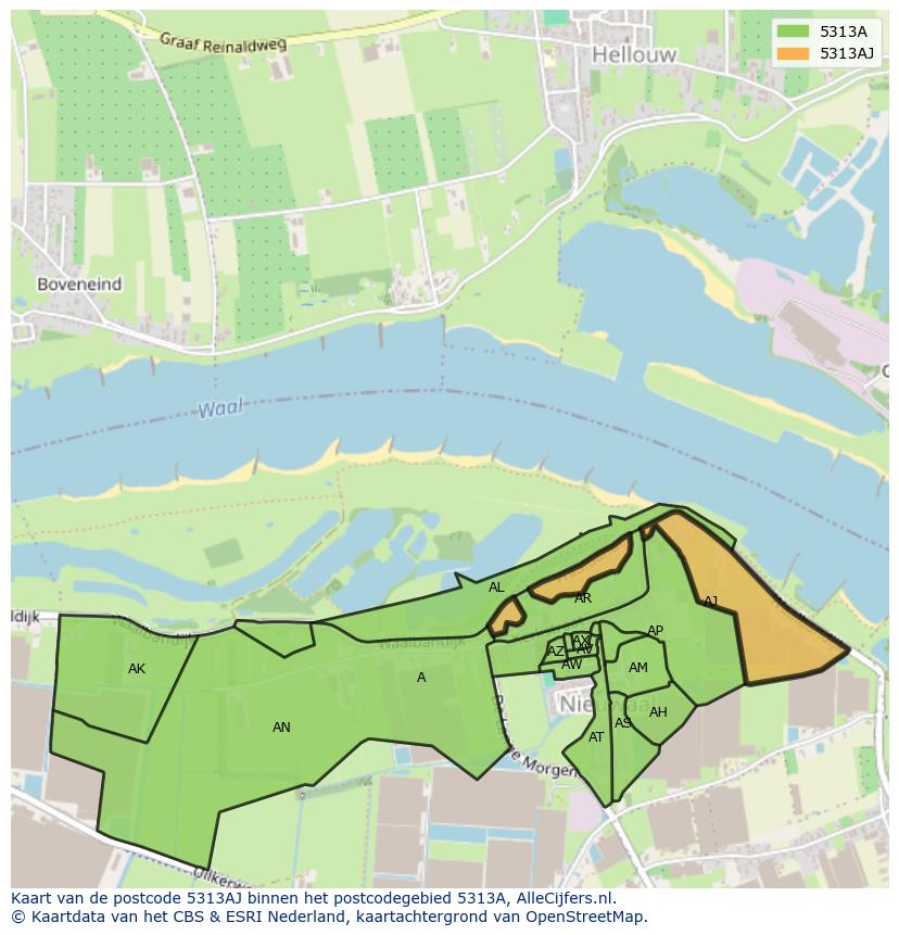 Afbeelding van het postcodegebied 5313 AJ op de kaart.