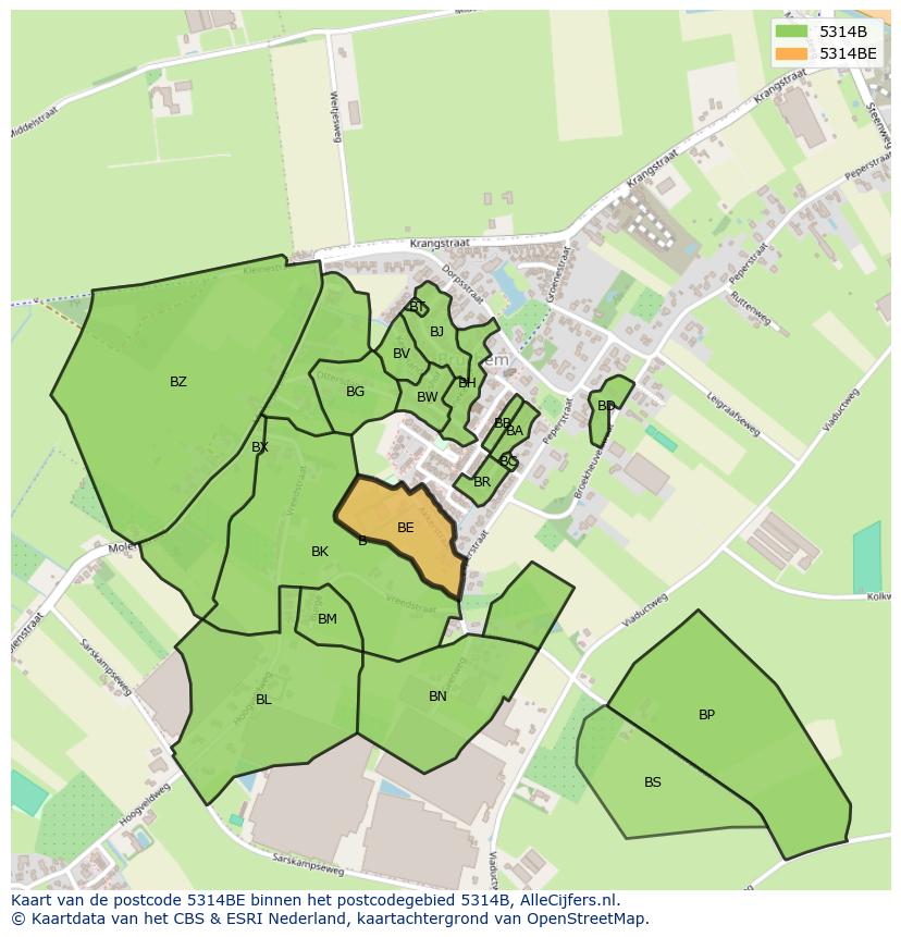 Afbeelding van het postcodegebied 5314 BE op de kaart.