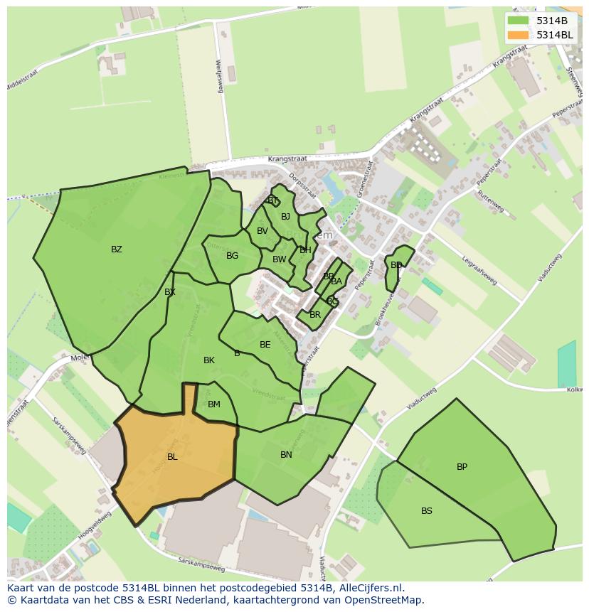 Afbeelding van het postcodegebied 5314 BL op de kaart.