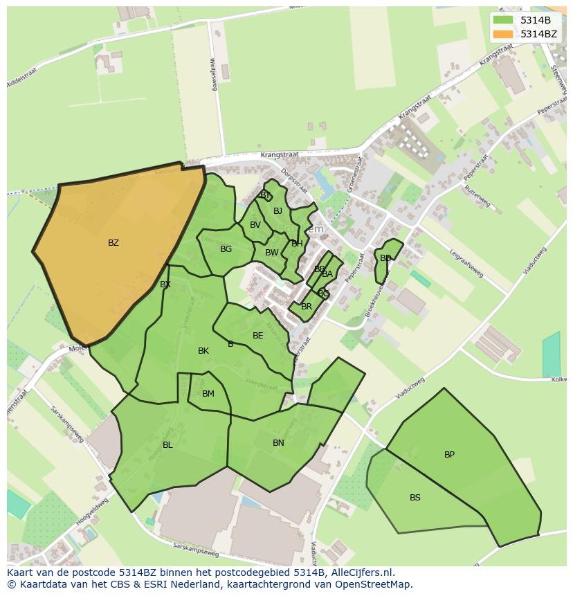 Afbeelding van het postcodegebied 5314 BZ op de kaart.