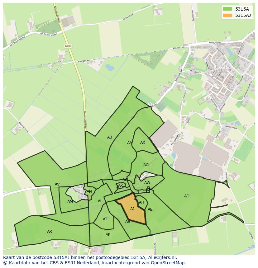 Afbeelding van het postcodegebied 5315 AJ op de kaart.