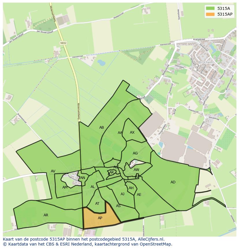 Afbeelding van het postcodegebied 5315 AP op de kaart.