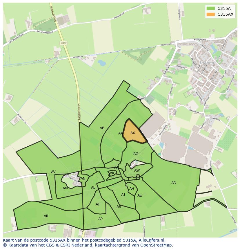 Afbeelding van het postcodegebied 5315 AX op de kaart.
