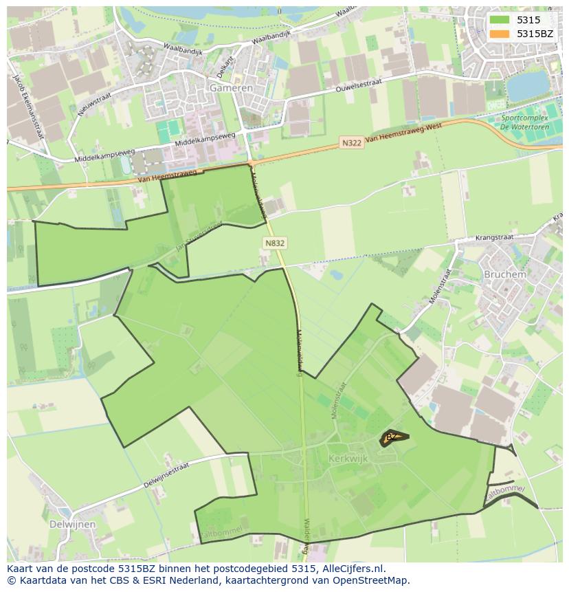 Afbeelding van het postcodegebied 5315 BZ op de kaart.