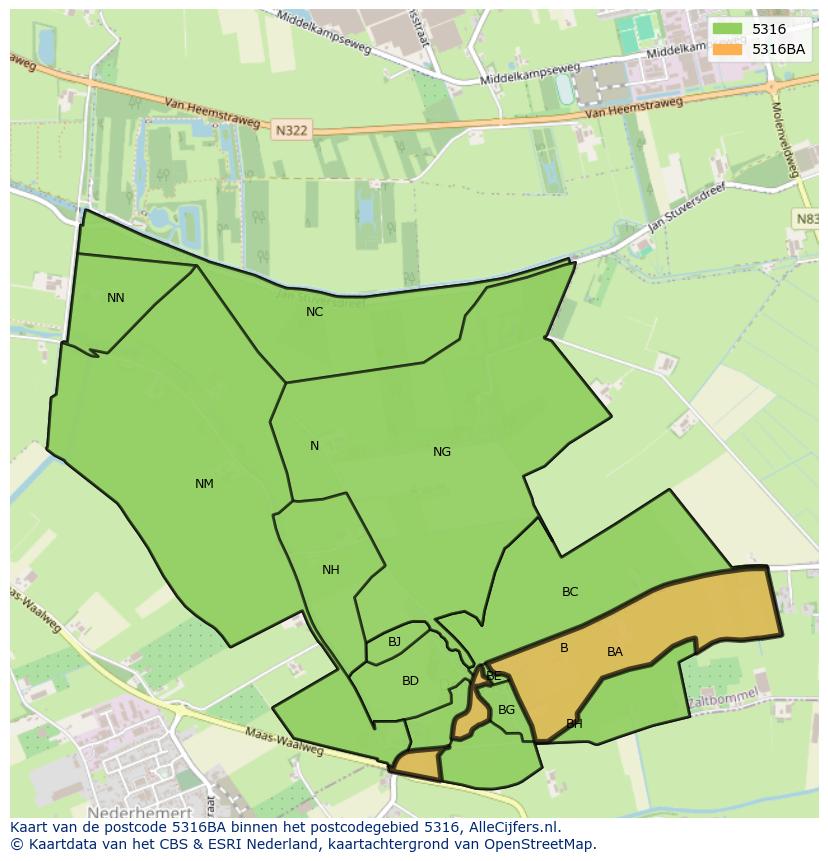 Afbeelding van het postcodegebied 5316 BA op de kaart.