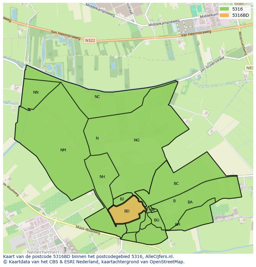 Afbeelding van het postcodegebied 5316 BD op de kaart.