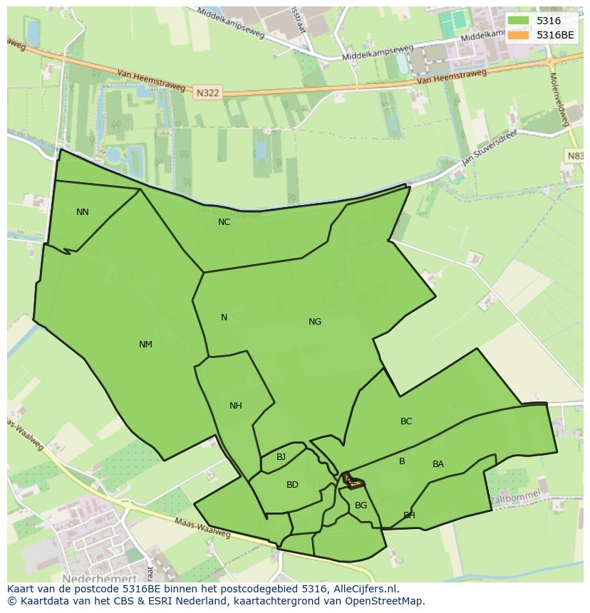 Afbeelding van het postcodegebied 5316 BE op de kaart.
