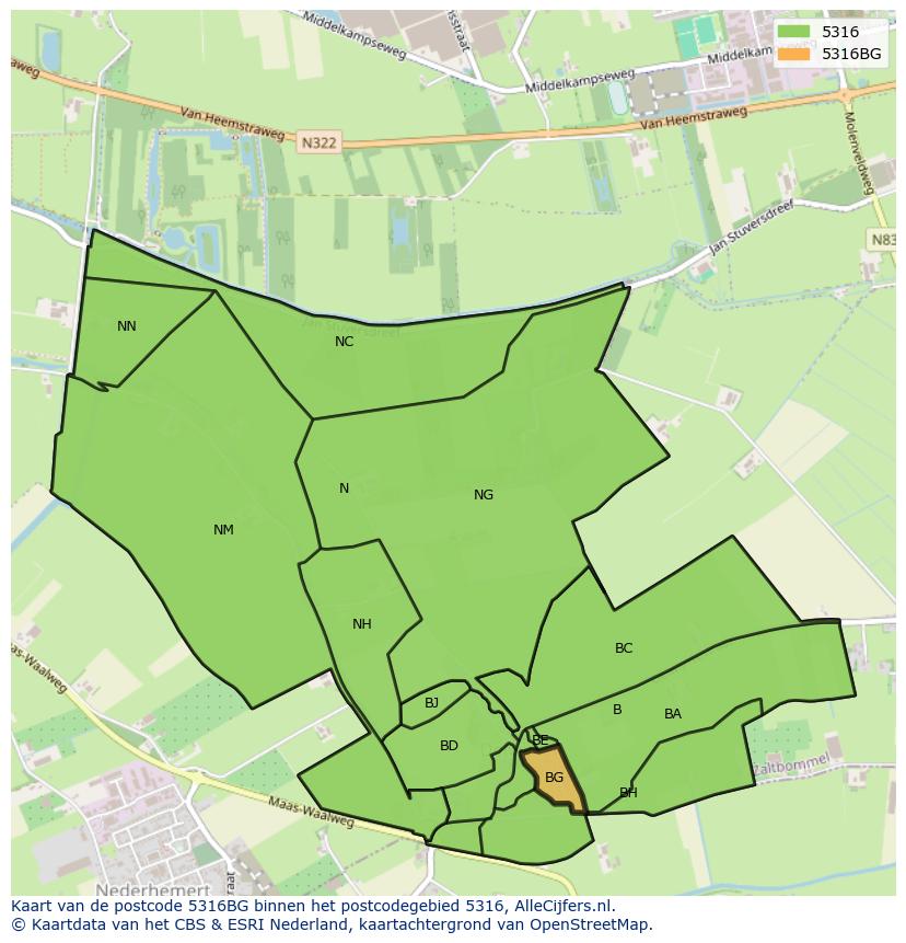 Afbeelding van het postcodegebied 5316 BG op de kaart.