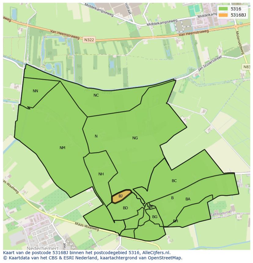 Afbeelding van het postcodegebied 5316 BJ op de kaart.