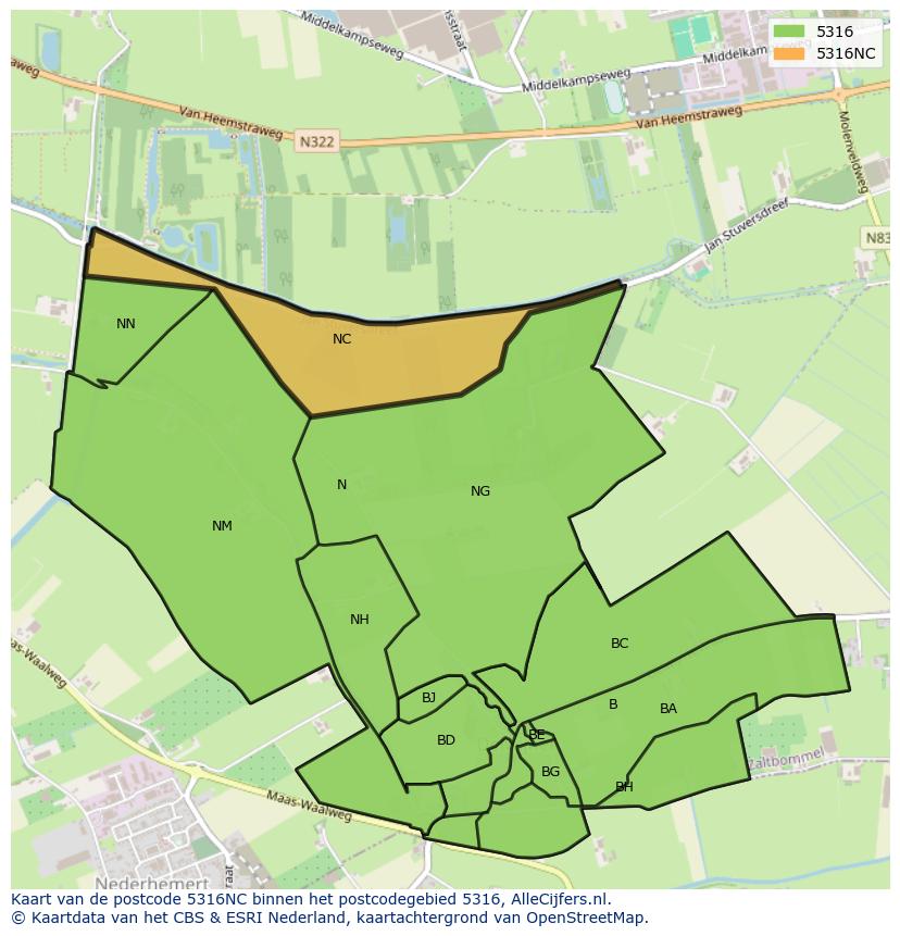 Afbeelding van het postcodegebied 5316 NC op de kaart.