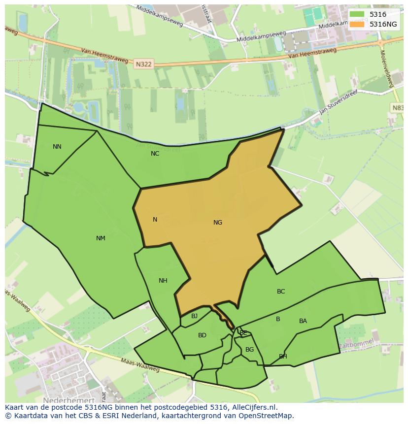 Afbeelding van het postcodegebied 5316 NG op de kaart.