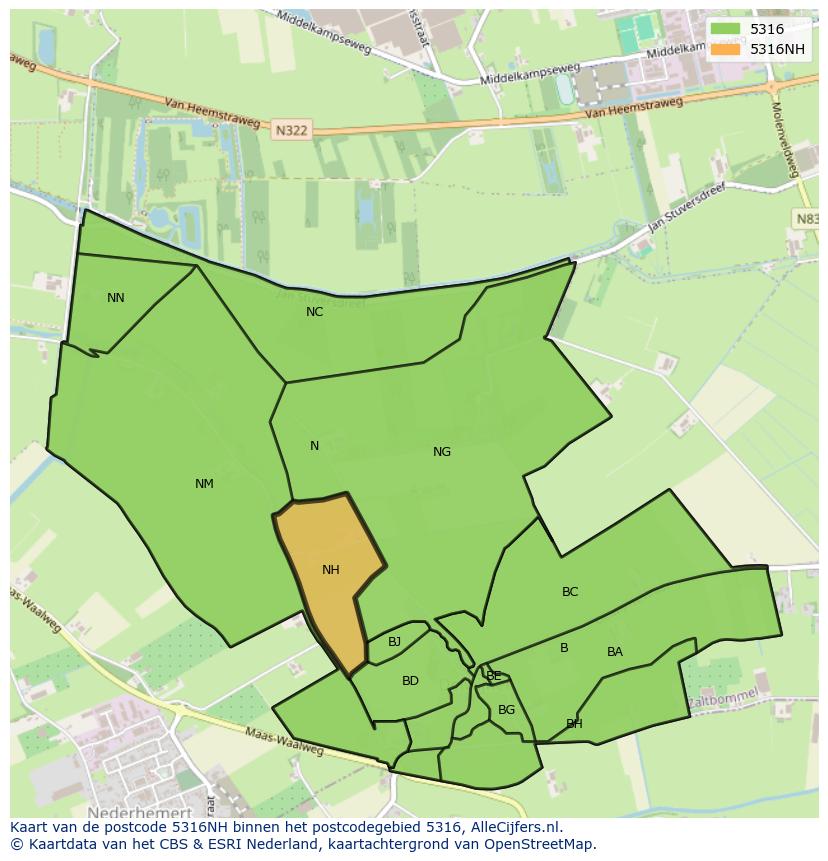 Afbeelding van het postcodegebied 5316 NH op de kaart.