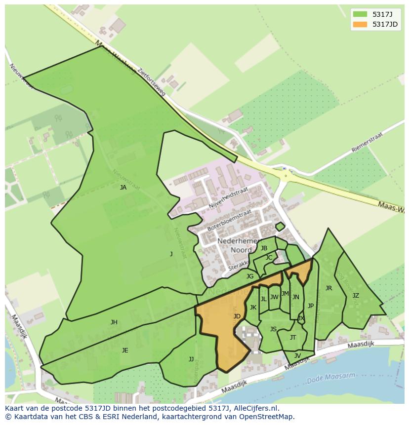 Afbeelding van het postcodegebied 5317 JD op de kaart.