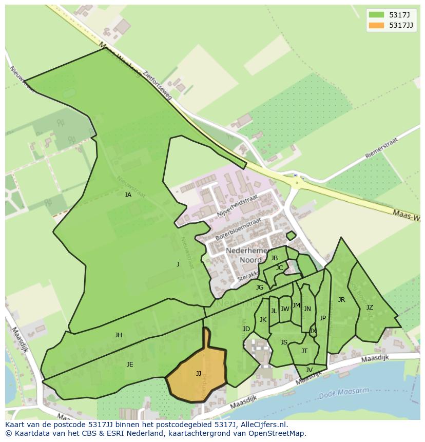 Afbeelding van het postcodegebied 5317 JJ op de kaart.
