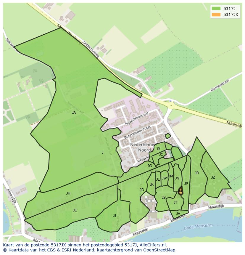 Afbeelding van het postcodegebied 5317 JX op de kaart.