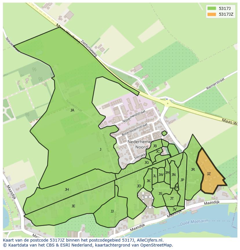 Afbeelding van het postcodegebied 5317 JZ op de kaart.