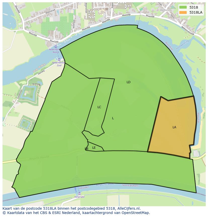 Afbeelding van het postcodegebied 5318 LA op de kaart.