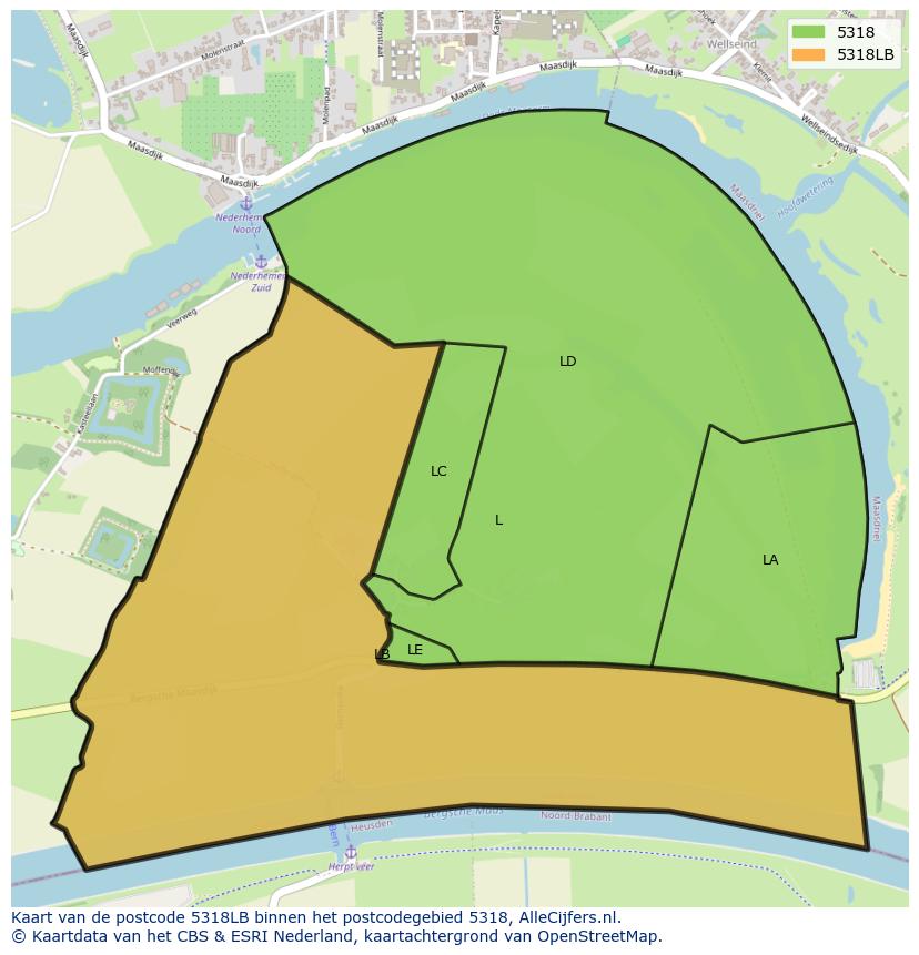 Afbeelding van het postcodegebied 5318 LB op de kaart.