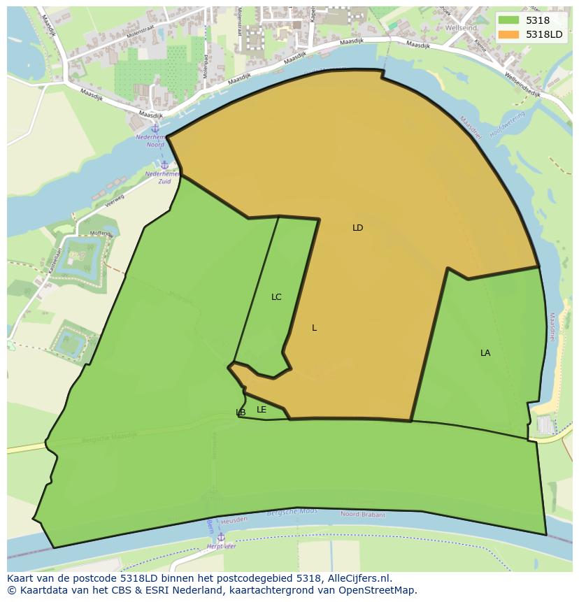 Afbeelding van het postcodegebied 5318 LD op de kaart.