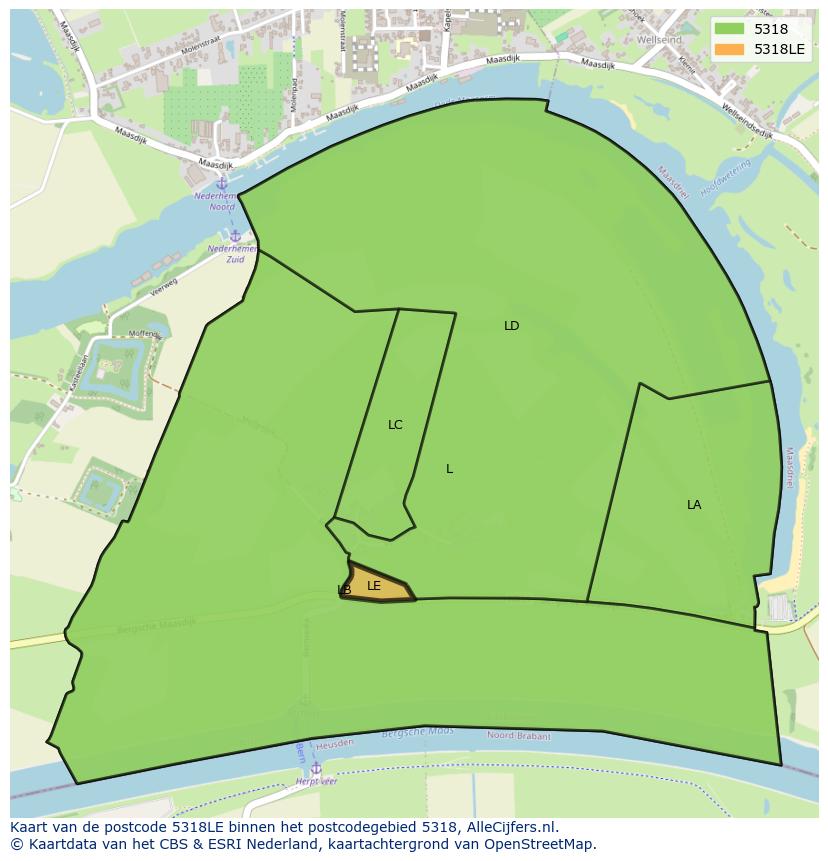 Afbeelding van het postcodegebied 5318 LE op de kaart.
