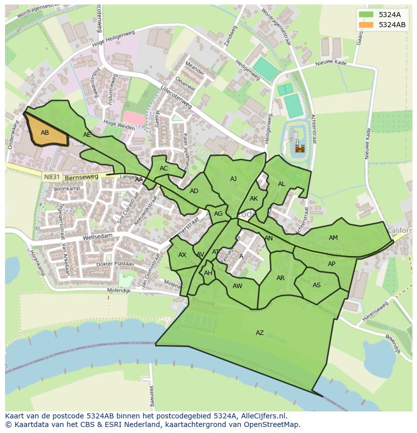 Afbeelding van het postcodegebied 5324 AB op de kaart.