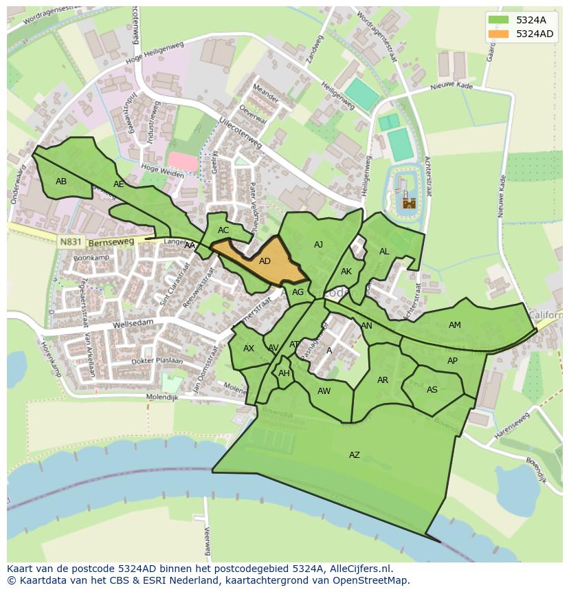 Afbeelding van het postcodegebied 5324 AD op de kaart.