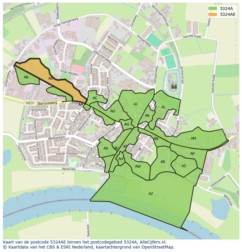 Afbeelding van het postcodegebied 5324 AE op de kaart.