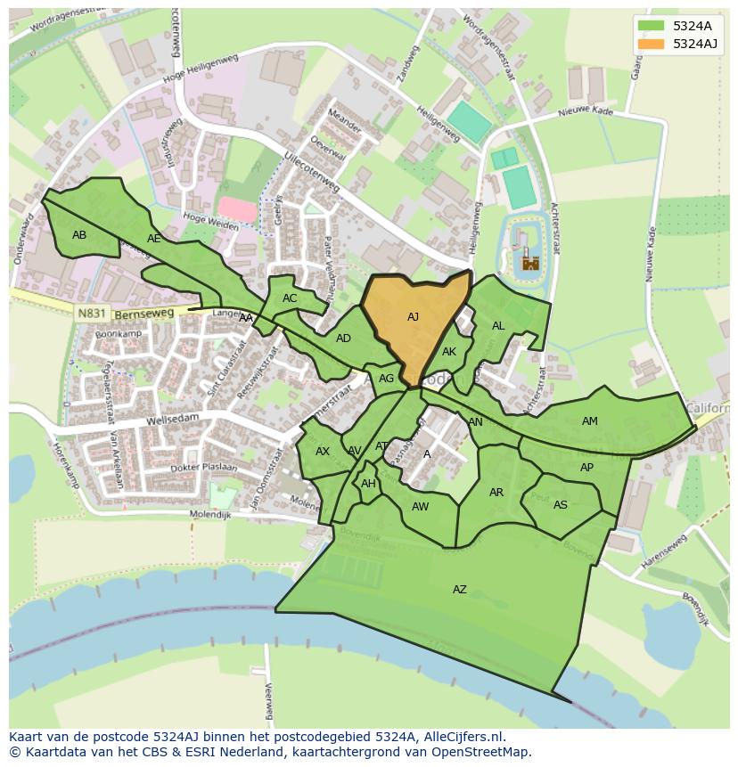 Afbeelding van het postcodegebied 5324 AJ op de kaart.