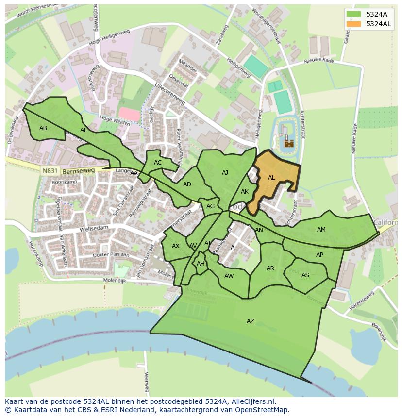 Afbeelding van het postcodegebied 5324 AL op de kaart.
