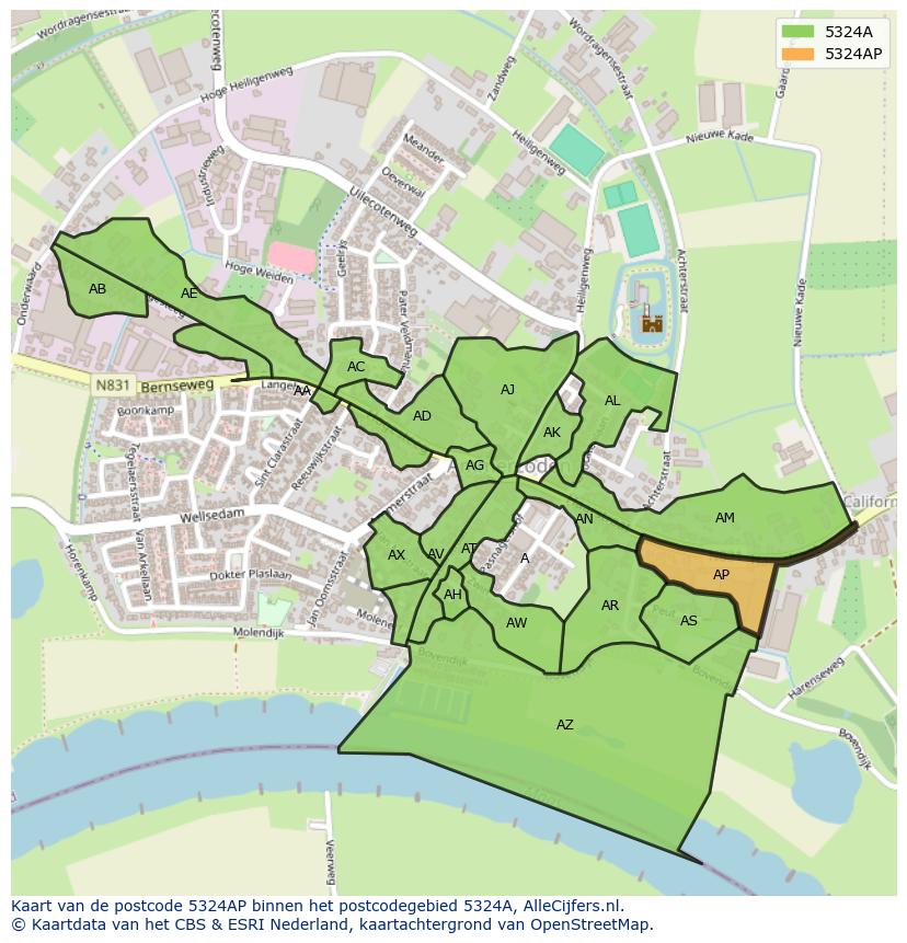 Afbeelding van het postcodegebied 5324 AP op de kaart.