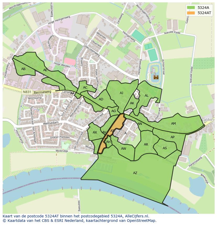 Afbeelding van het postcodegebied 5324 AT op de kaart.