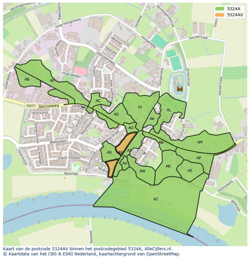 Afbeelding van het postcodegebied 5324 AV op de kaart.
