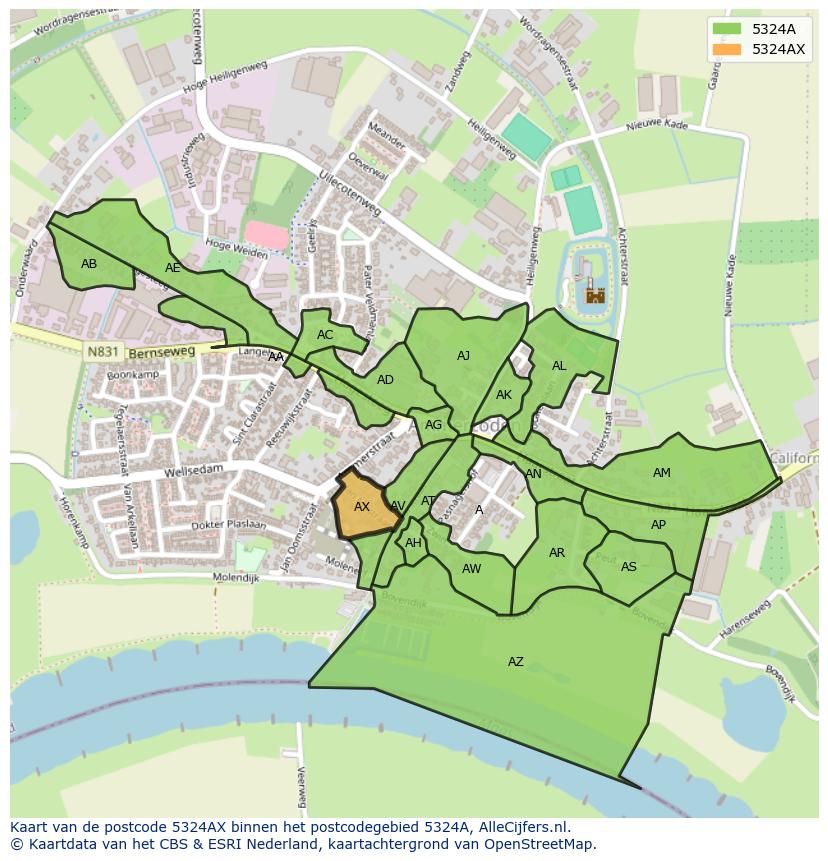 Afbeelding van het postcodegebied 5324 AX op de kaart.