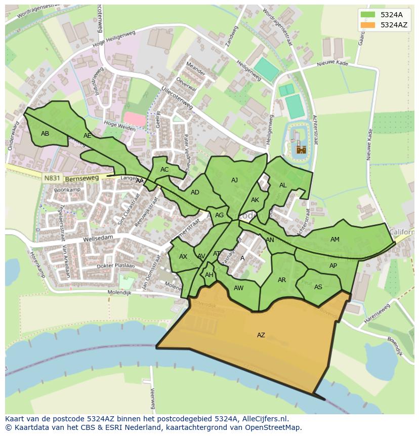 Afbeelding van het postcodegebied 5324 AZ op de kaart.